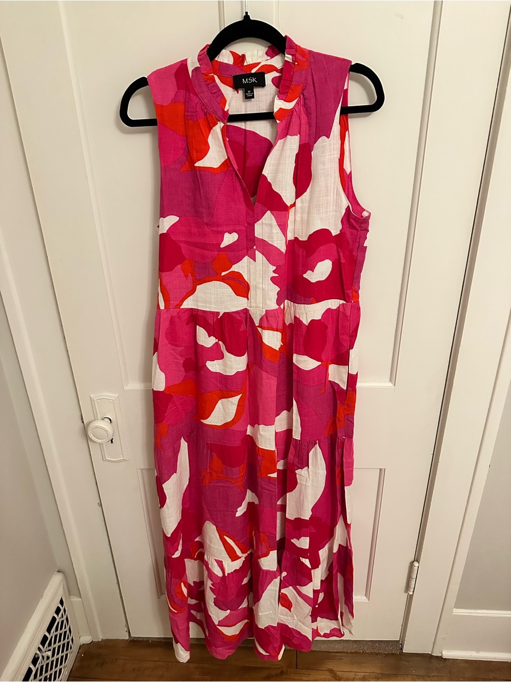 MSK Tropical Beach Vacation Maxi DressFuchsia Pink White Orange Floral Linen M